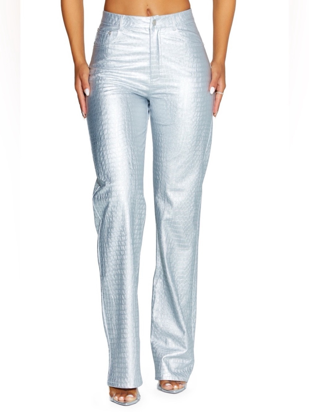 Naked Wardrobe Faux Leather Croc Straight Leg Pants Silver